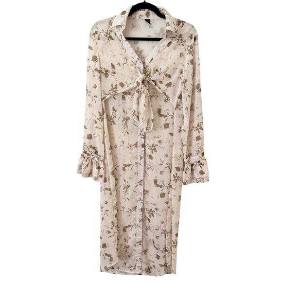 Dazy Sheer Floral Button Front Long Duster Blouse Tie Front Women’s Size Large - Picture 1 of 6